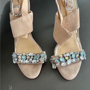 Elegant Tan Suede Sandals with Gem Embellishments